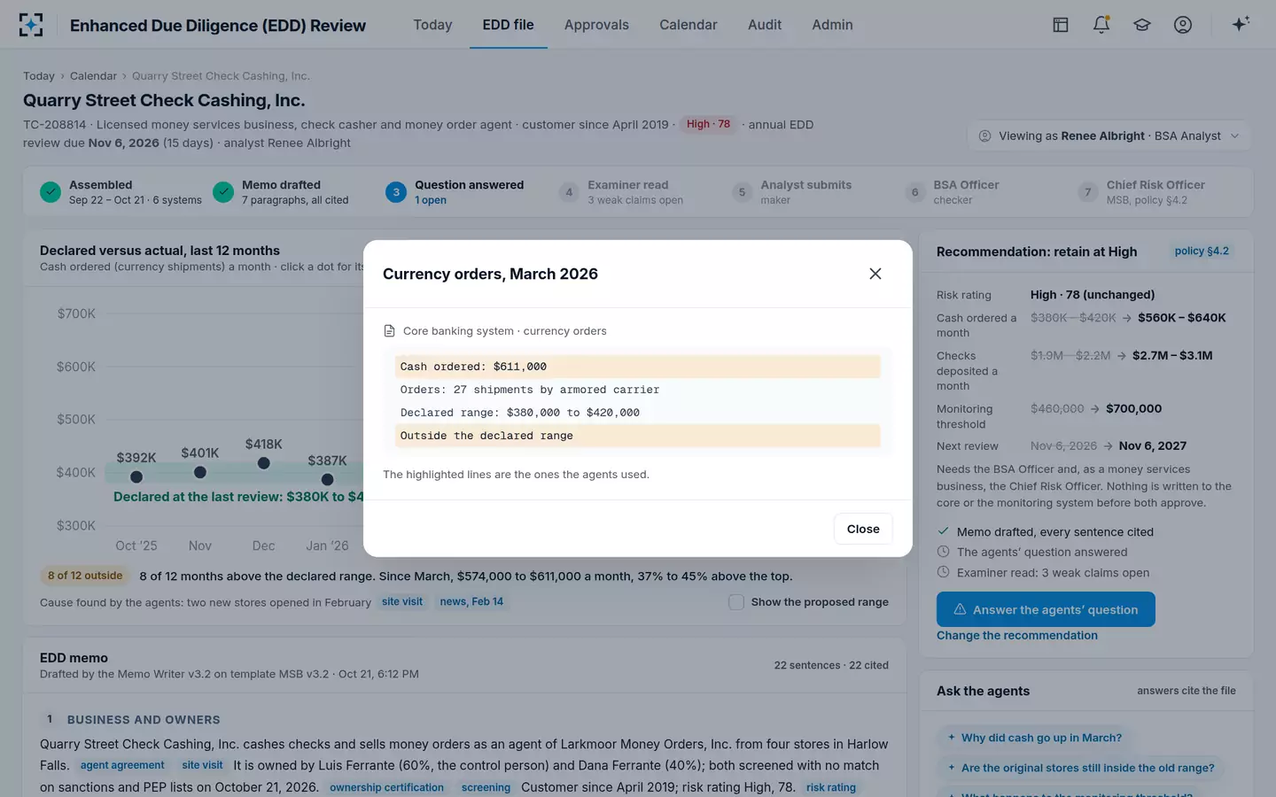 Enhanced Due Diligence (EDD) Review — Every dot opens its record in the core banking system