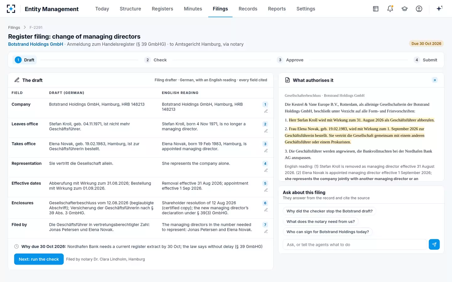 Entity Management — The drafted filing