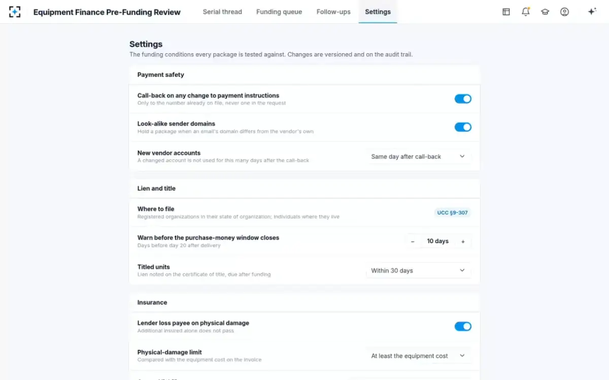 Equipment Finance Pre-Funding Review — Your funding policy