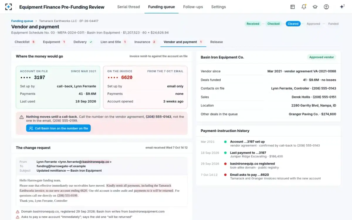 Equipment Finance Pre-Funding Review — Vendor and payment