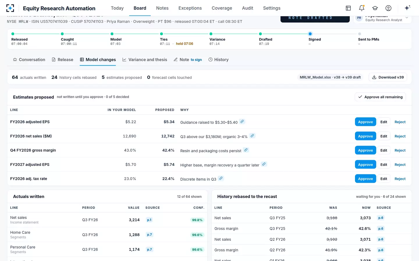 Equity Research Automation — The earnings model update