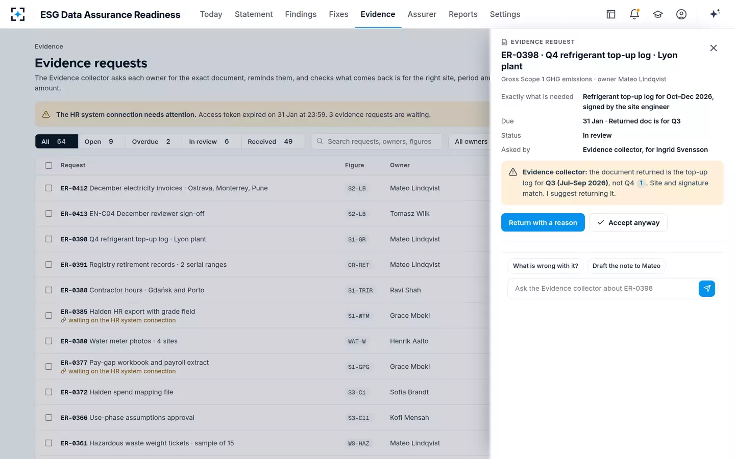 ESG Data Assurance Readiness — Evidence requests