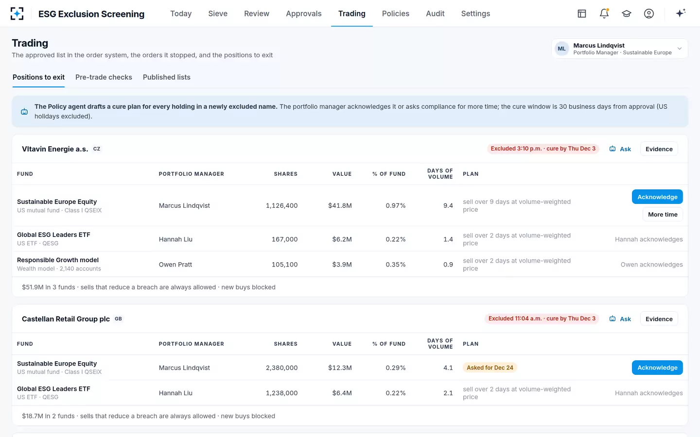 ESG Exclusion Screening — Positions to exit