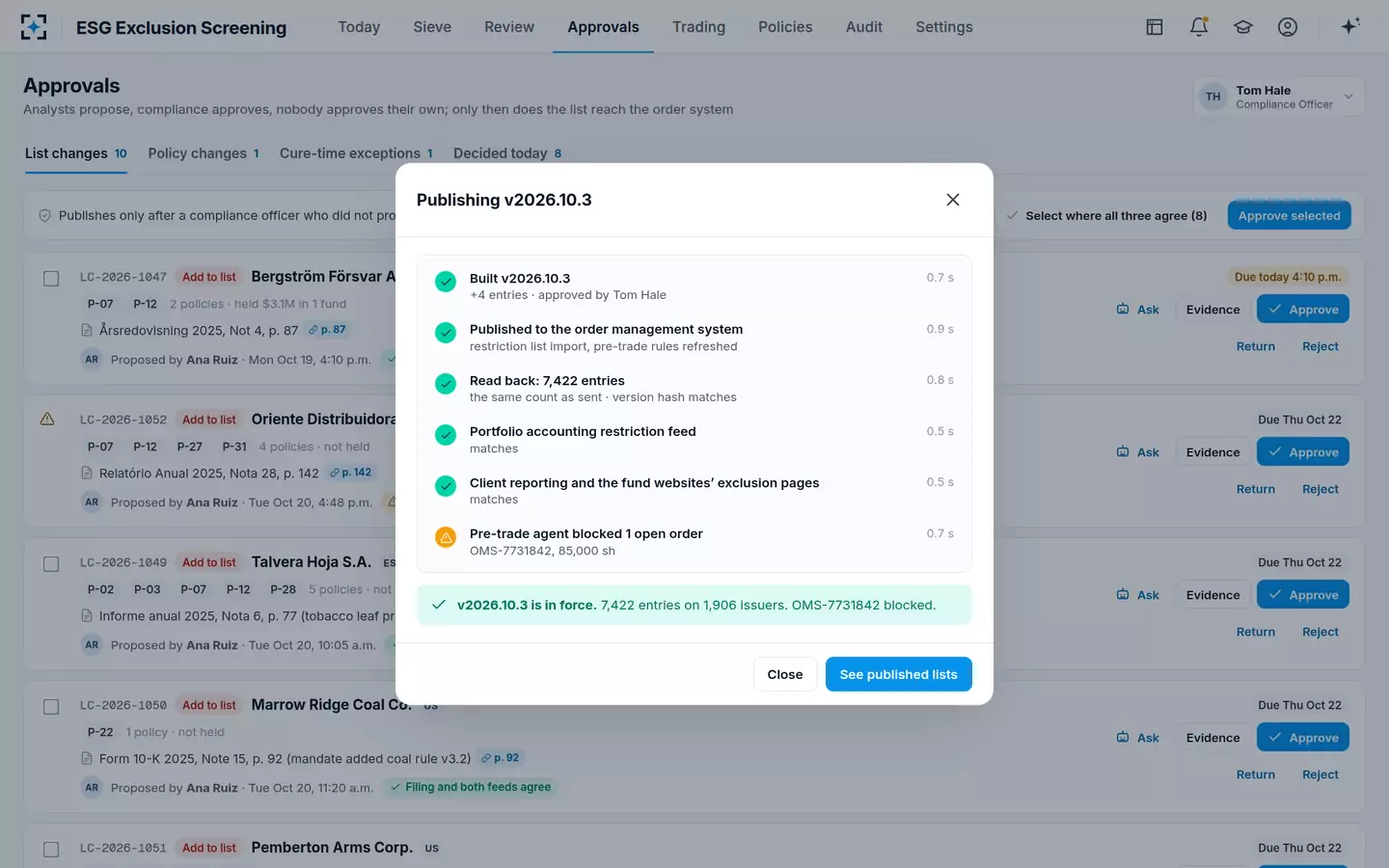 ESG Exclusion Screening — Publish and read back