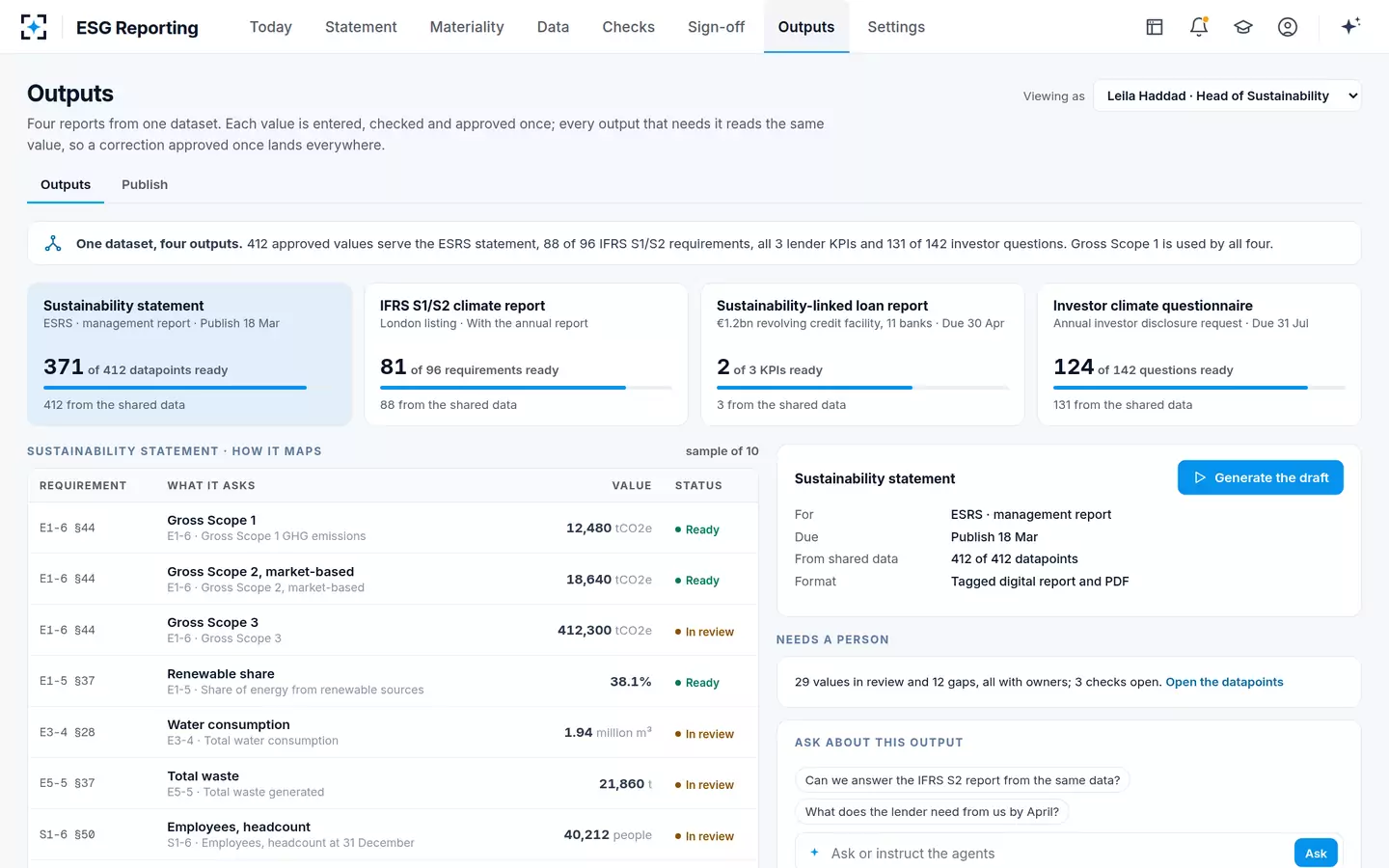 ESG Reporting — Four outputs, one dataset