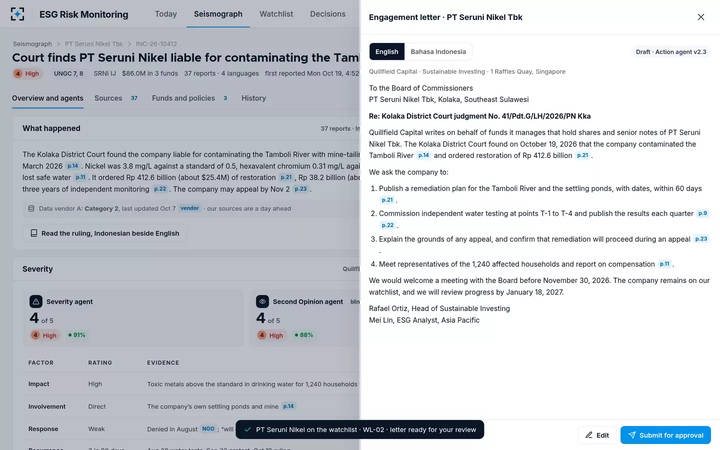 ESG Risk Monitoring — The engagement letter
