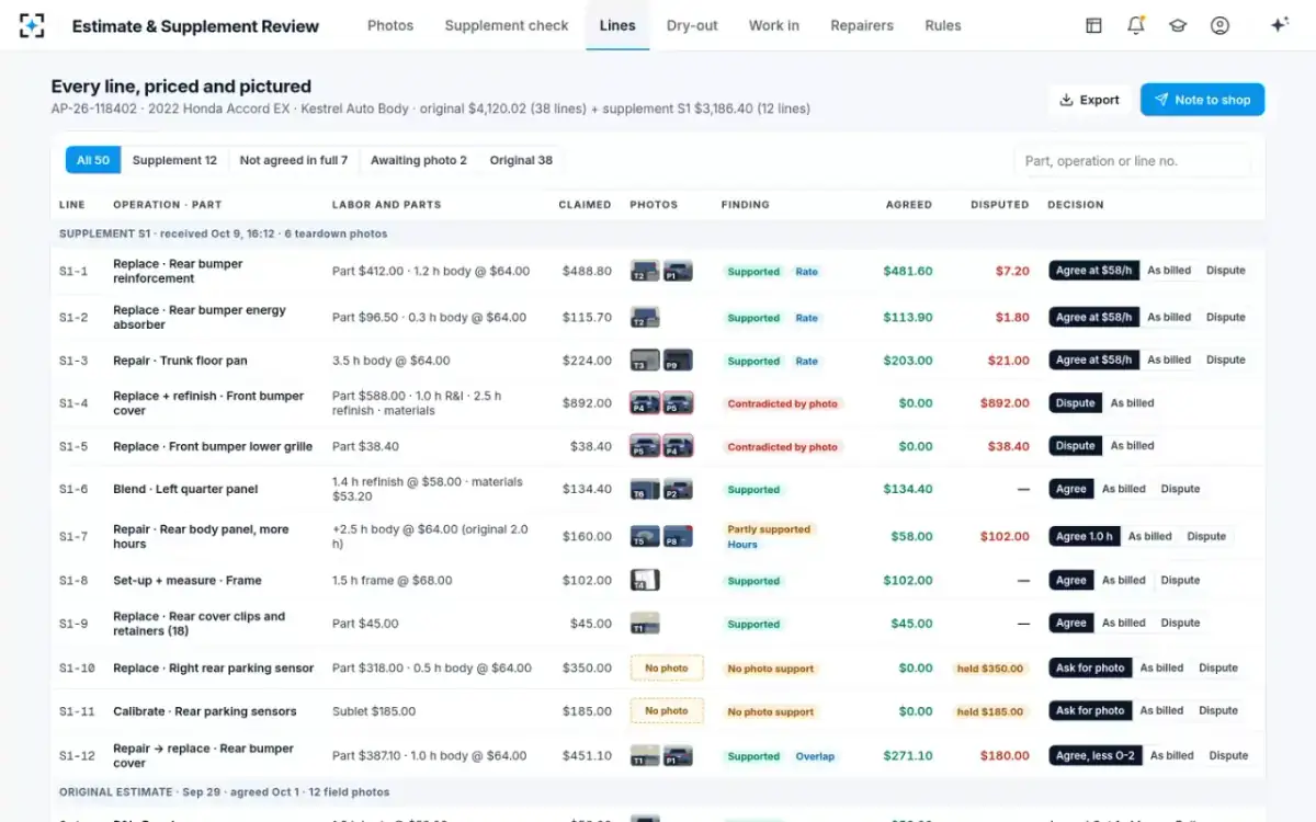 Estimate & Supplement Review — Every line, priced and pictured