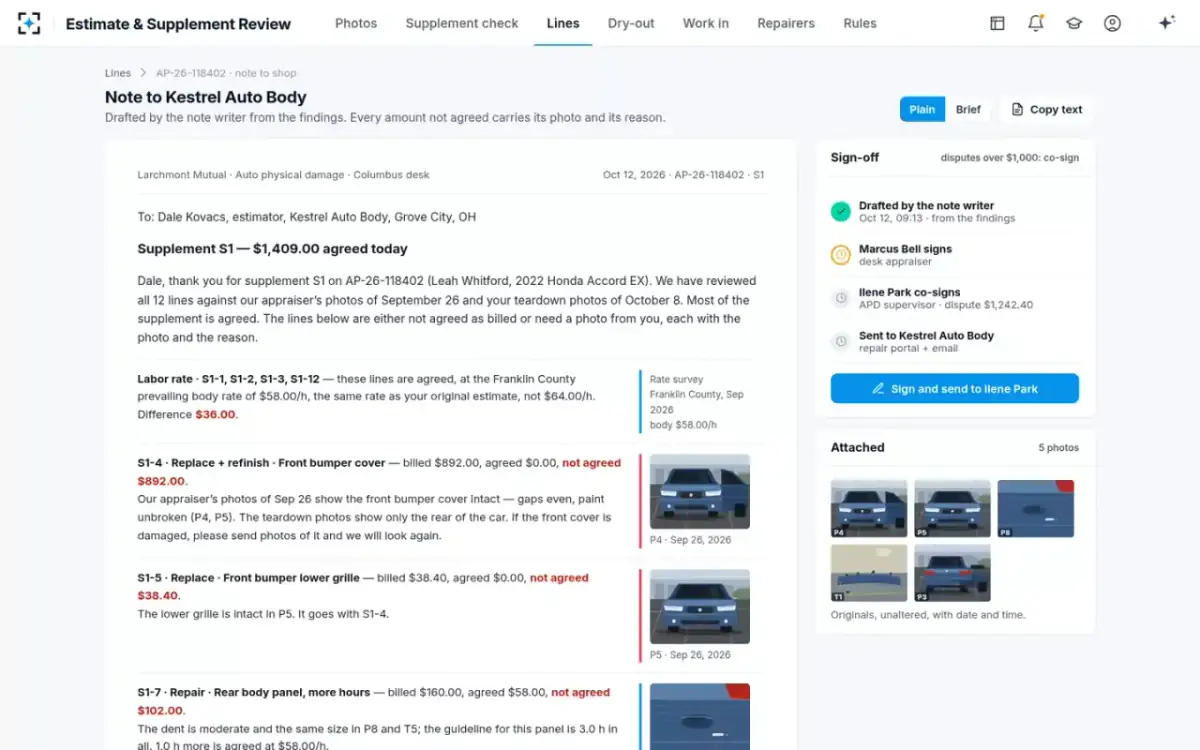 Estimate & Supplement Review — Note to the shop