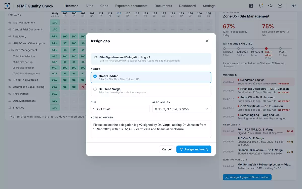 eTMF Quality Check — Assign a gap