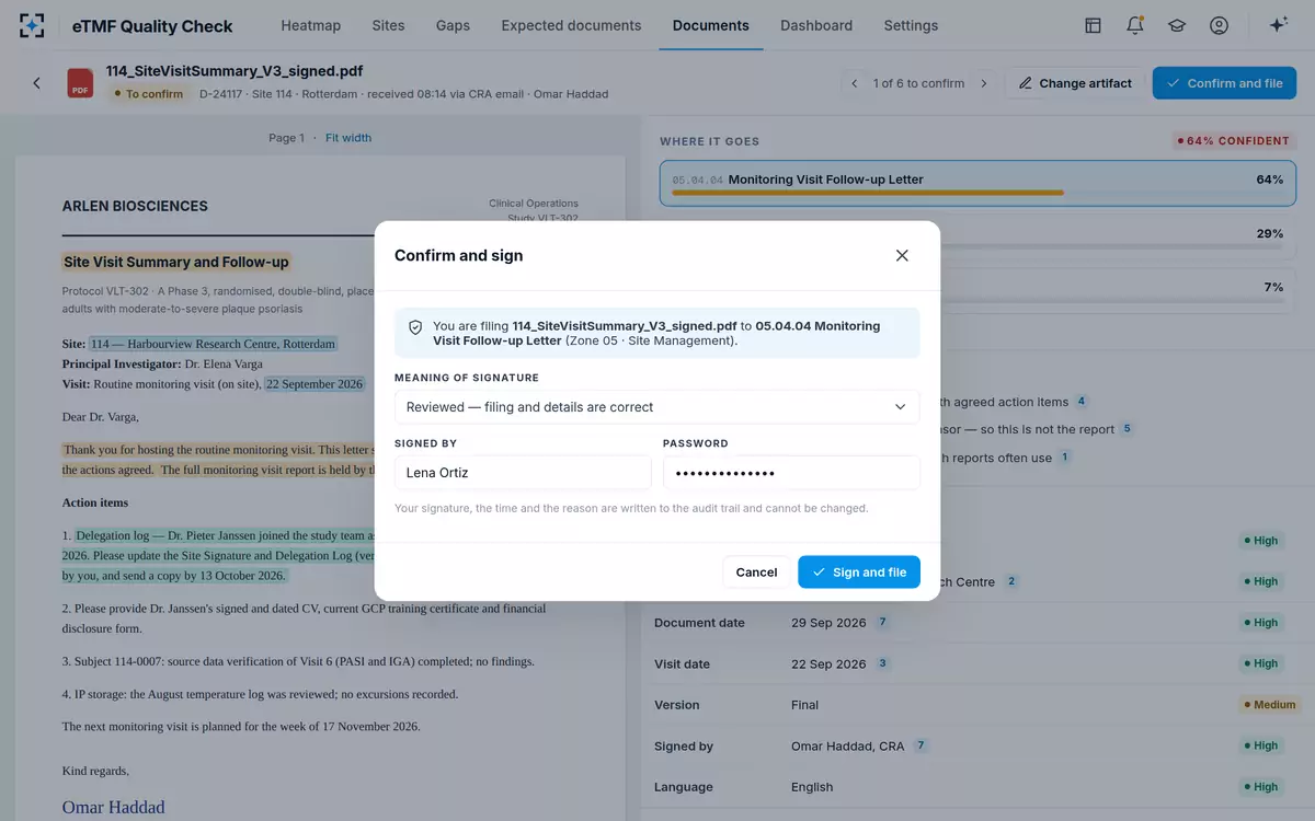 eTMF Quality Check — Confirm and sign