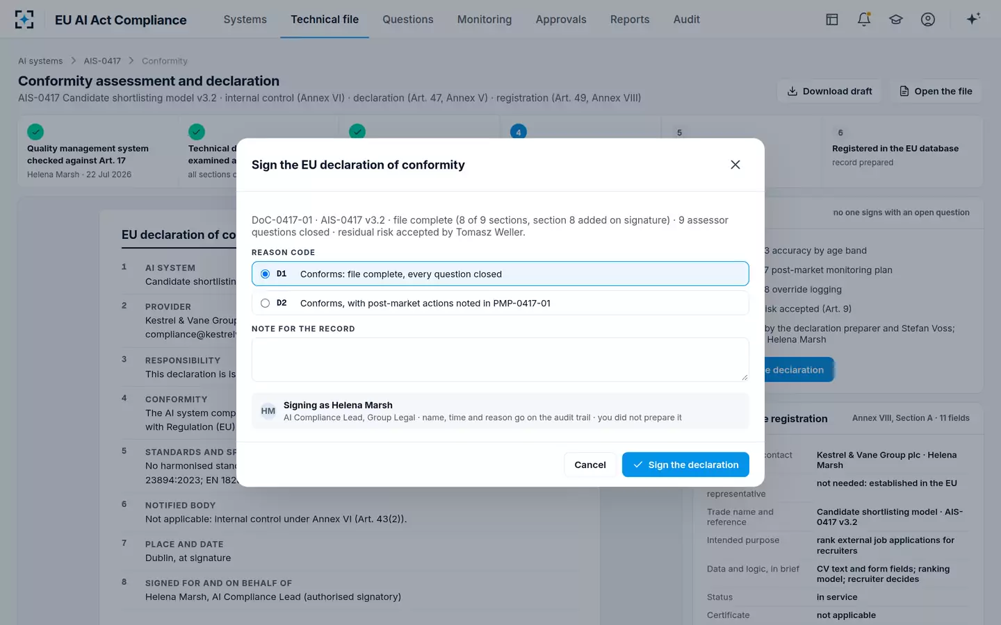 EU AI Act Compliance — Signing the declaration