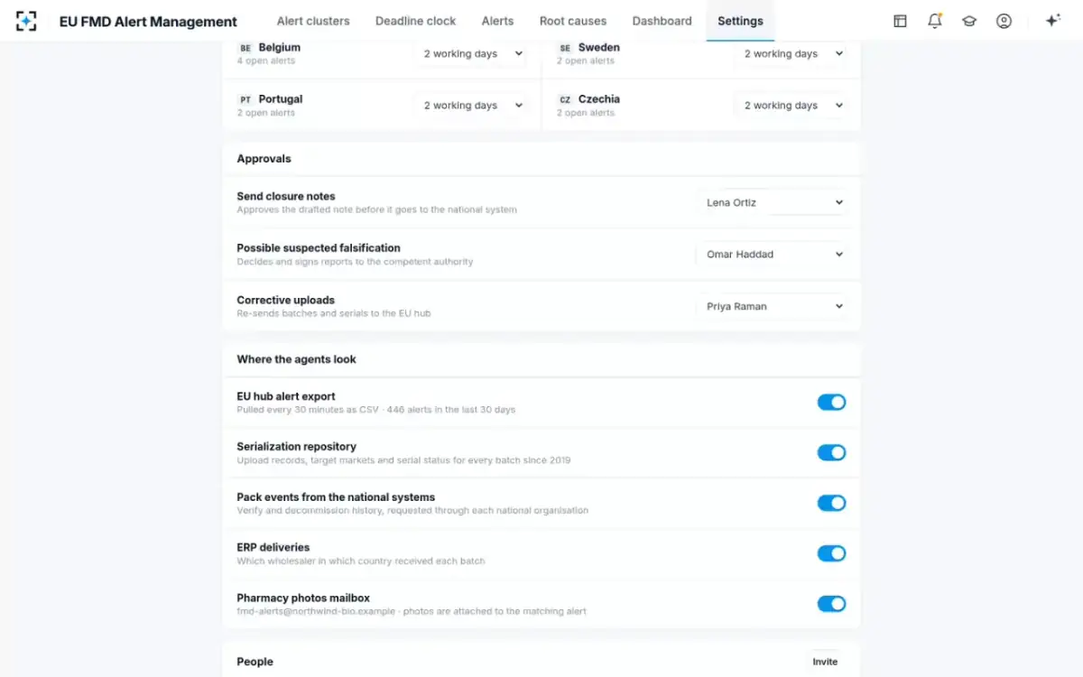 EU FMD Alert Management — Settings