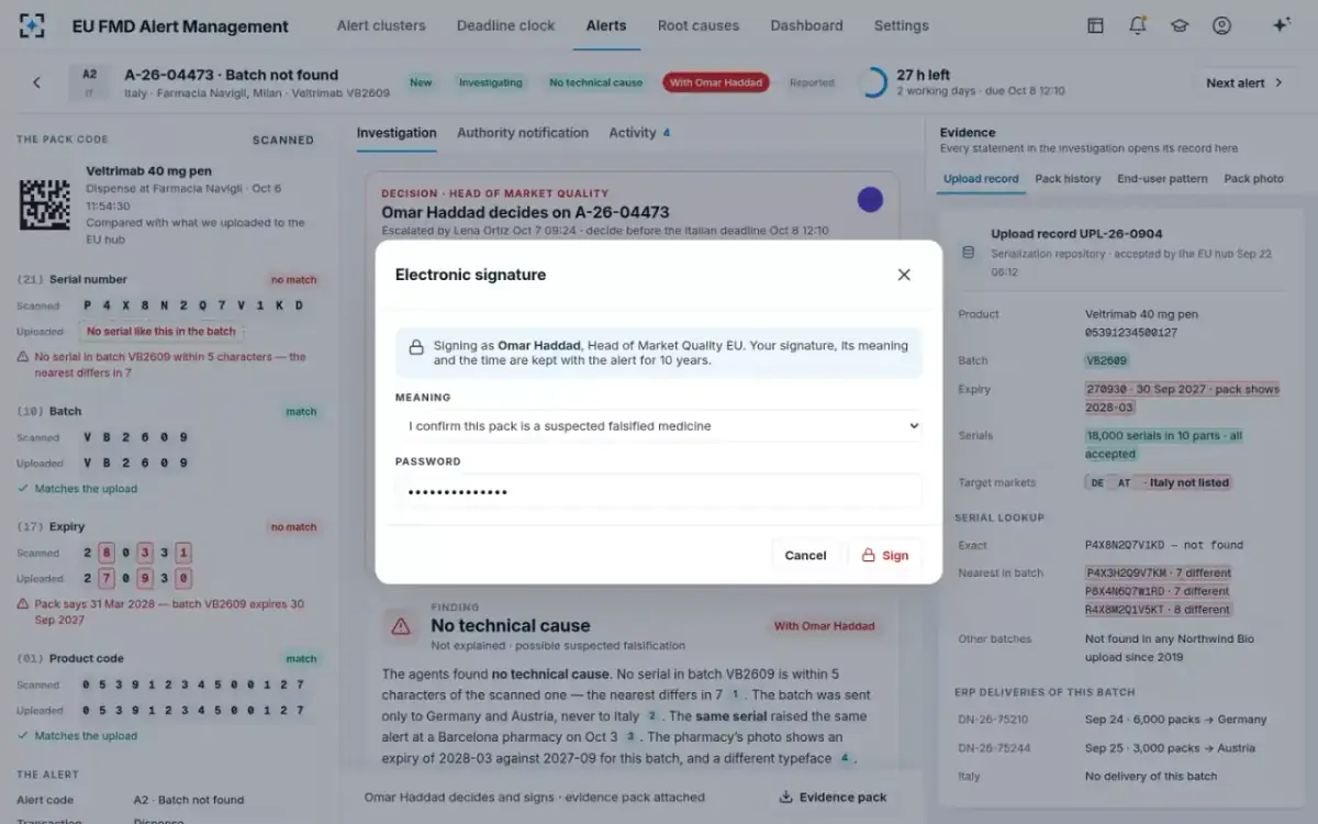 EU FMD Alert Management — Electronic signature