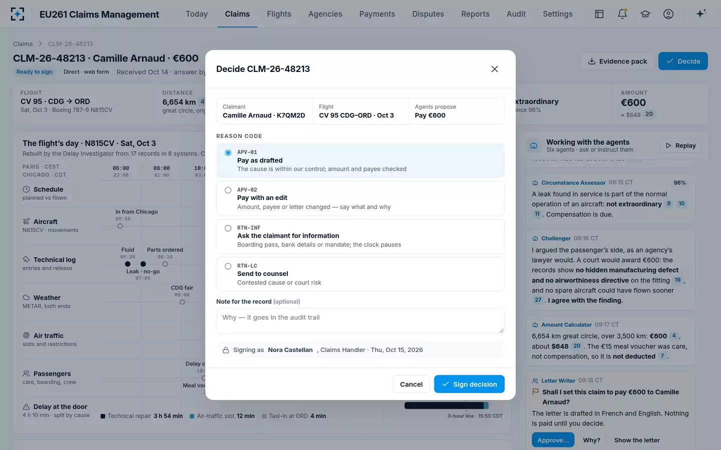 EU261 Claims Management — Decide with a reason code