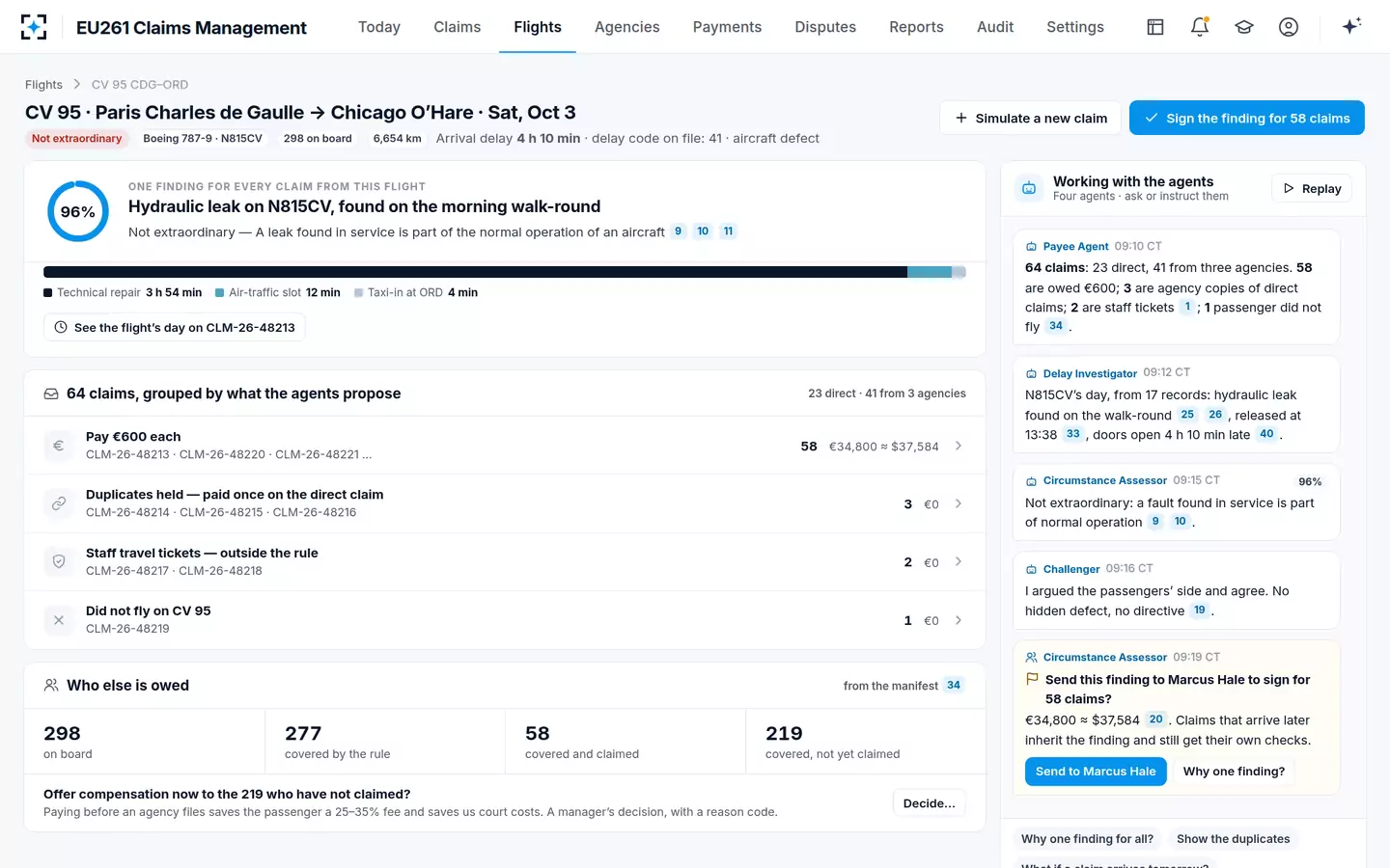 EU261 Claims Management — One finding per flight