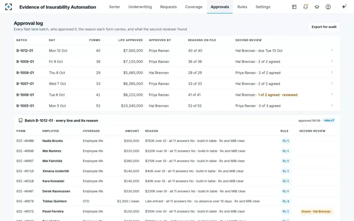 Evidence of Insurability Automation — Approval log