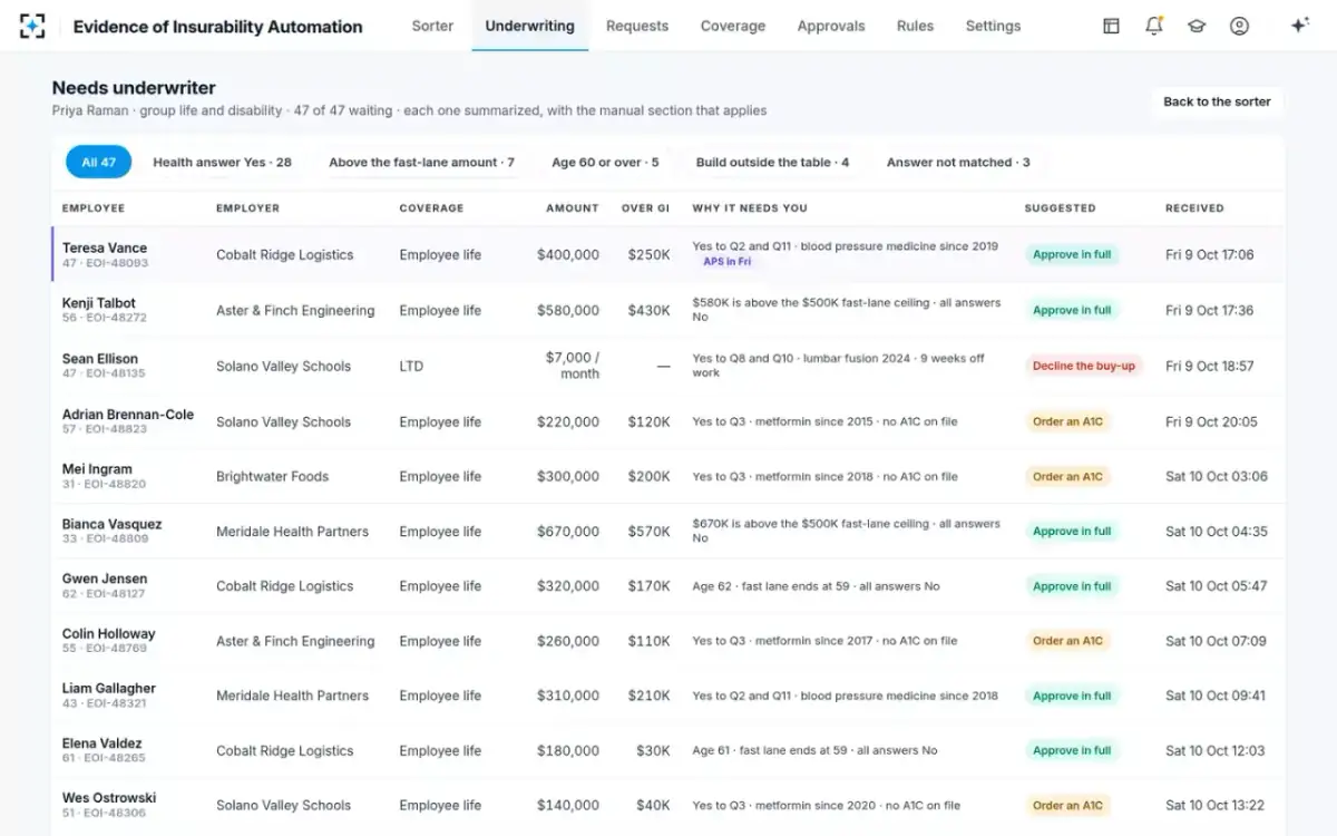 Evidence of Insurability Automation — Needs underwriter
