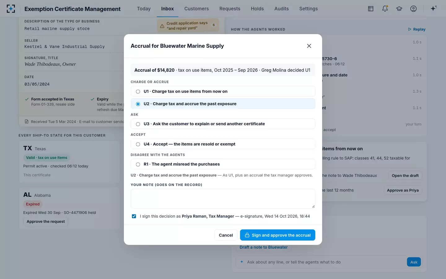 Exemption Certificate Management — The tax manager's approval