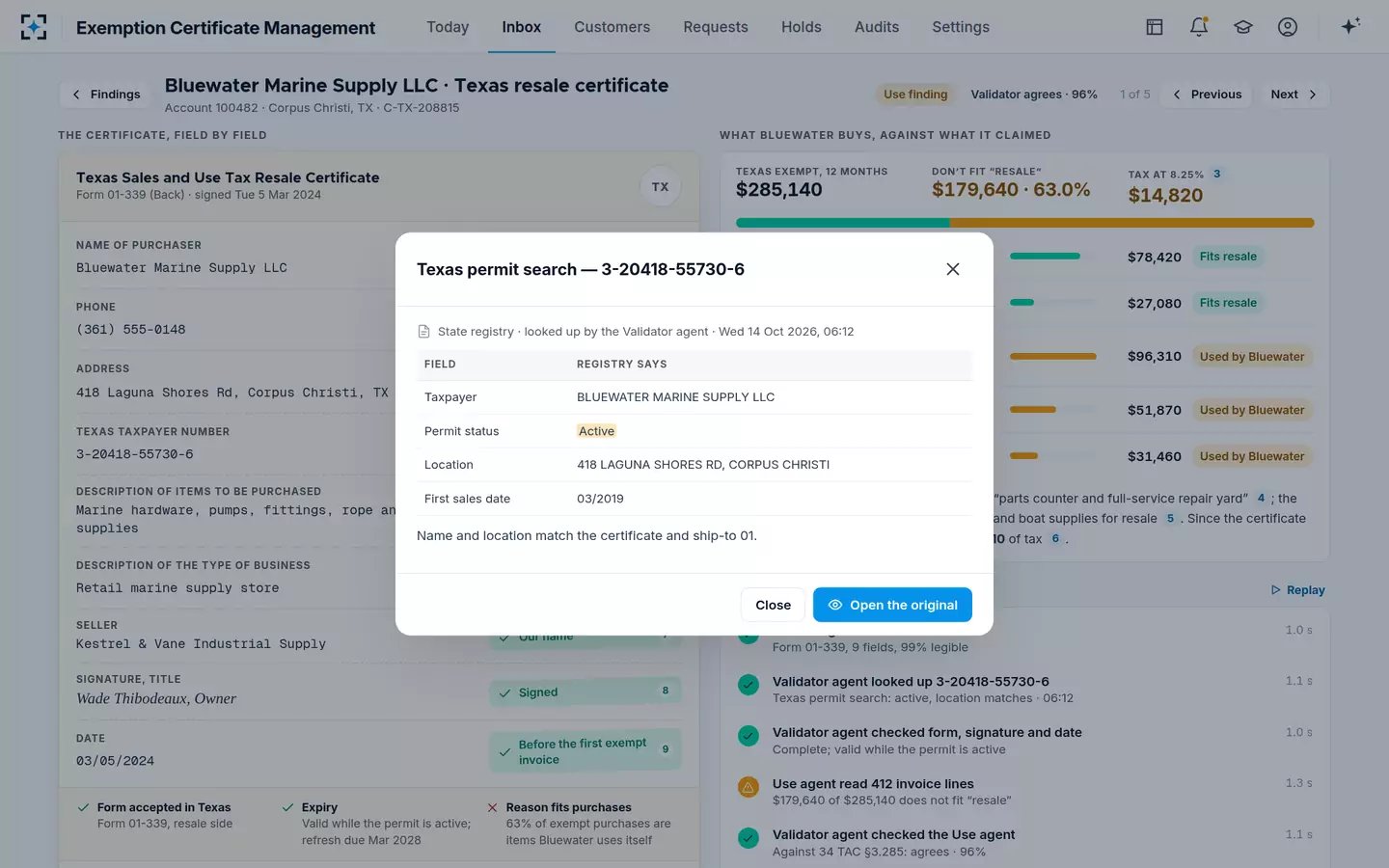 Exemption Certificate Management — The registry check