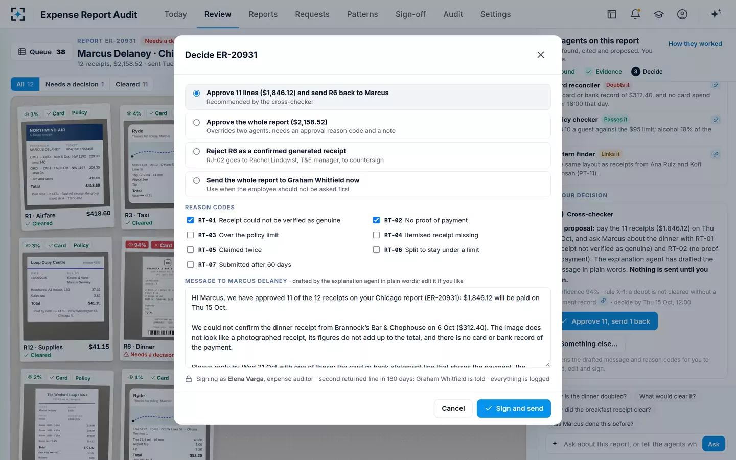 Expense Report Audit — Decide with reason codes