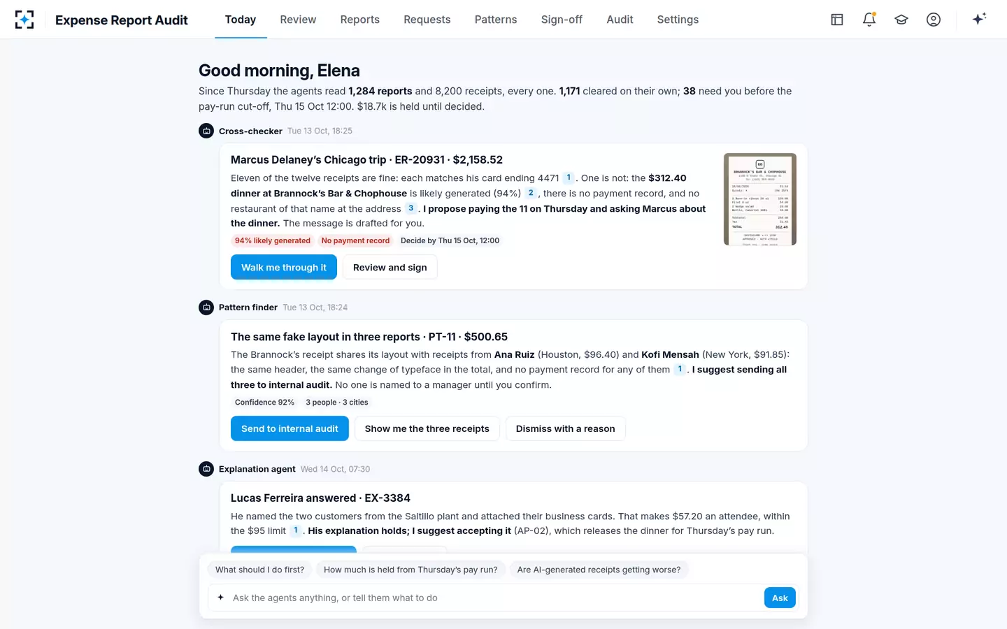 Expense Report Audit — Today: the agents' briefing