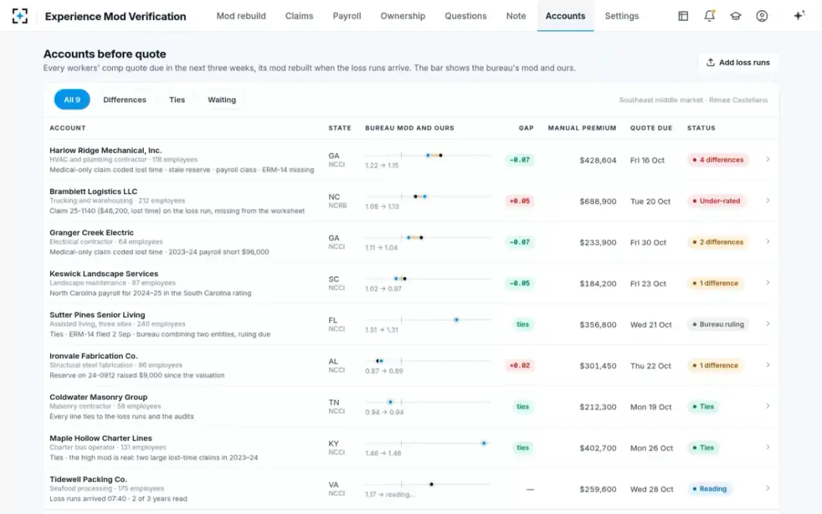Experience Mod Verification — Accounts before quote