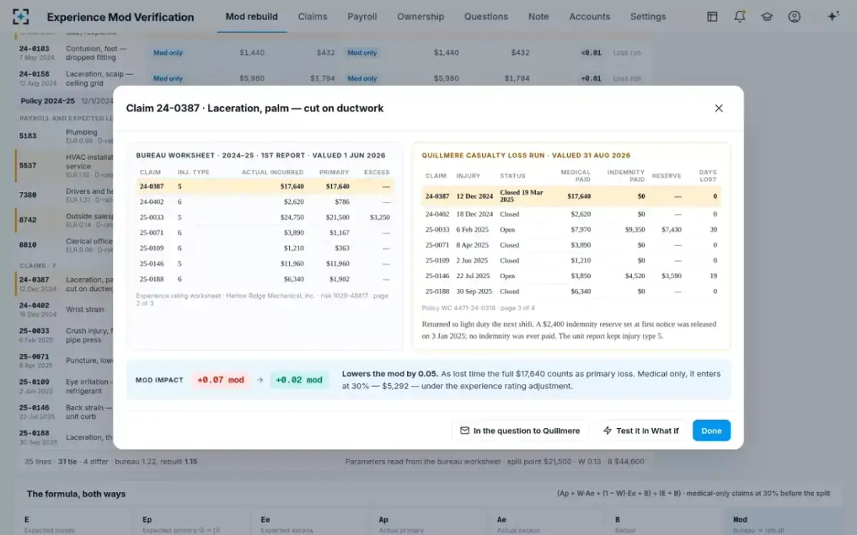 Experience Mod Verification — A claim beside its loss run
