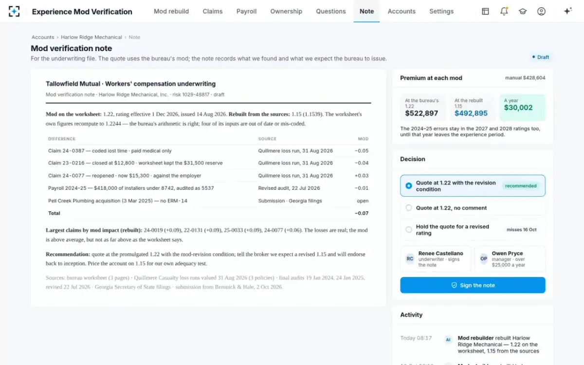 Experience Mod Verification — Mod verification note