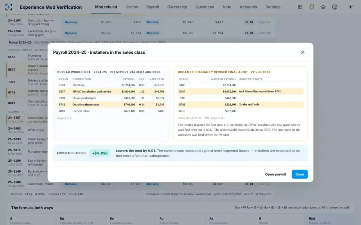 Experience Mod Verification — Payroll beside the revised audit