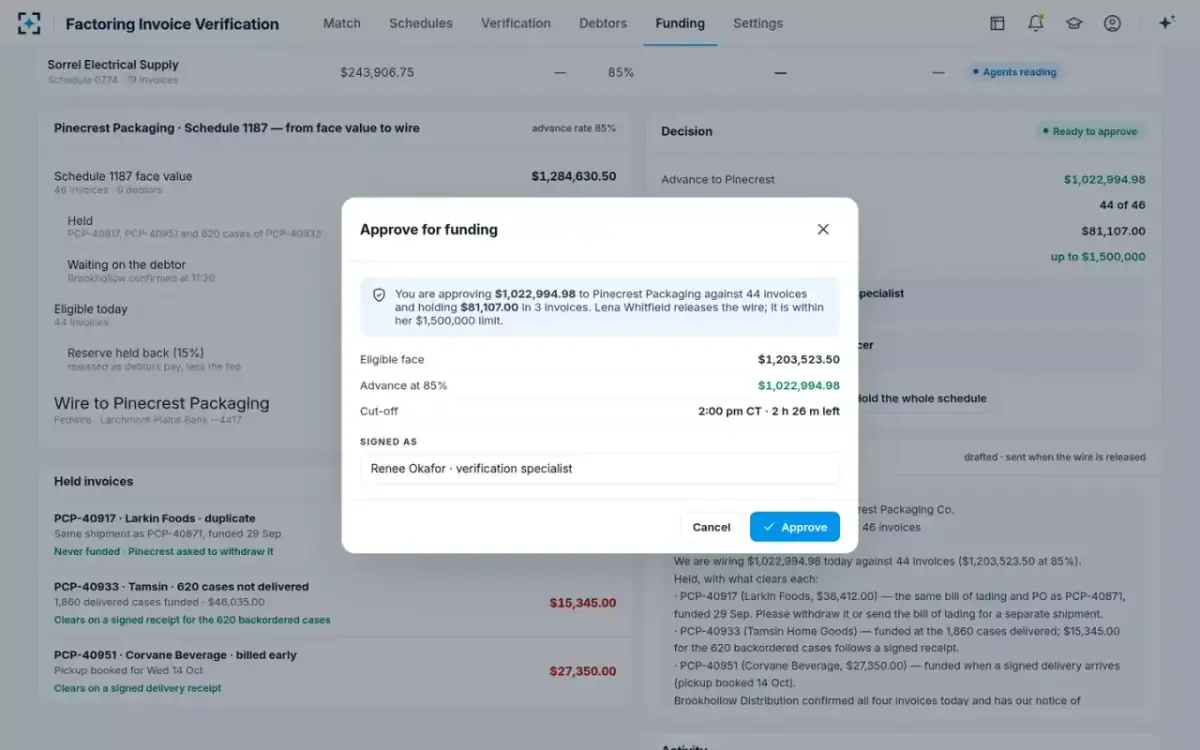 Factoring Invoice Verification — Approve for funding