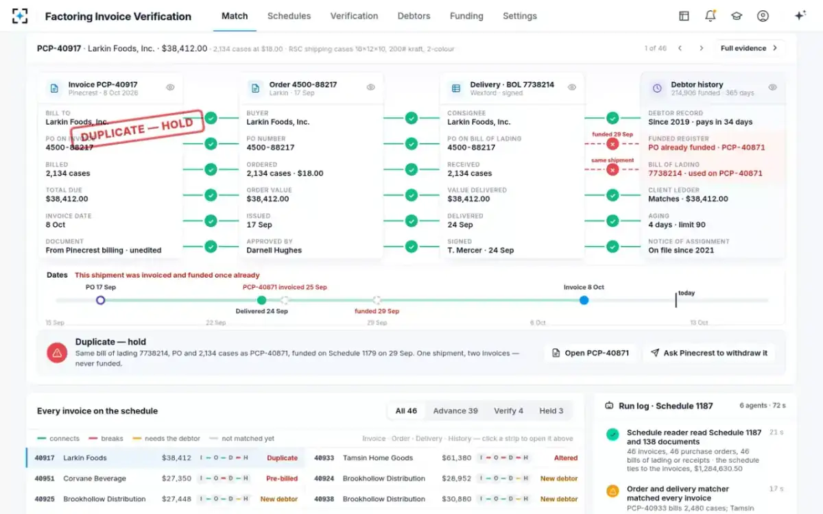Factoring Invoice Verification — Duplicate — hold