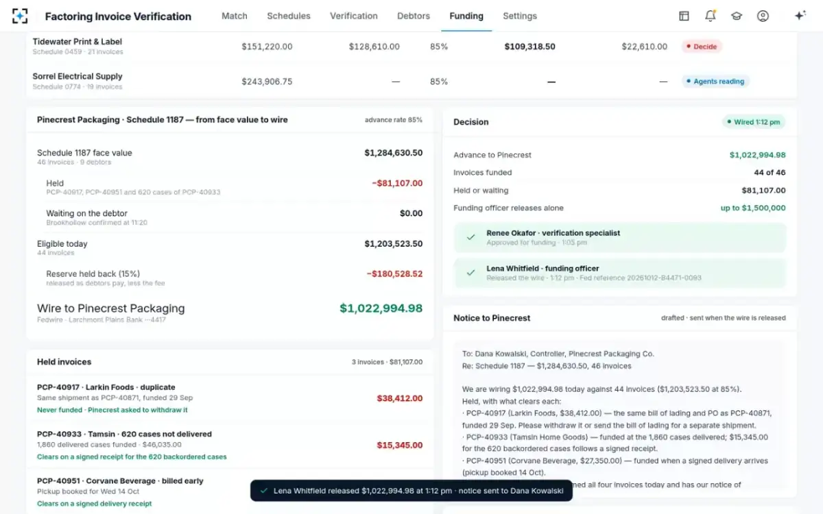 Factoring Invoice Verification — From face value to wire