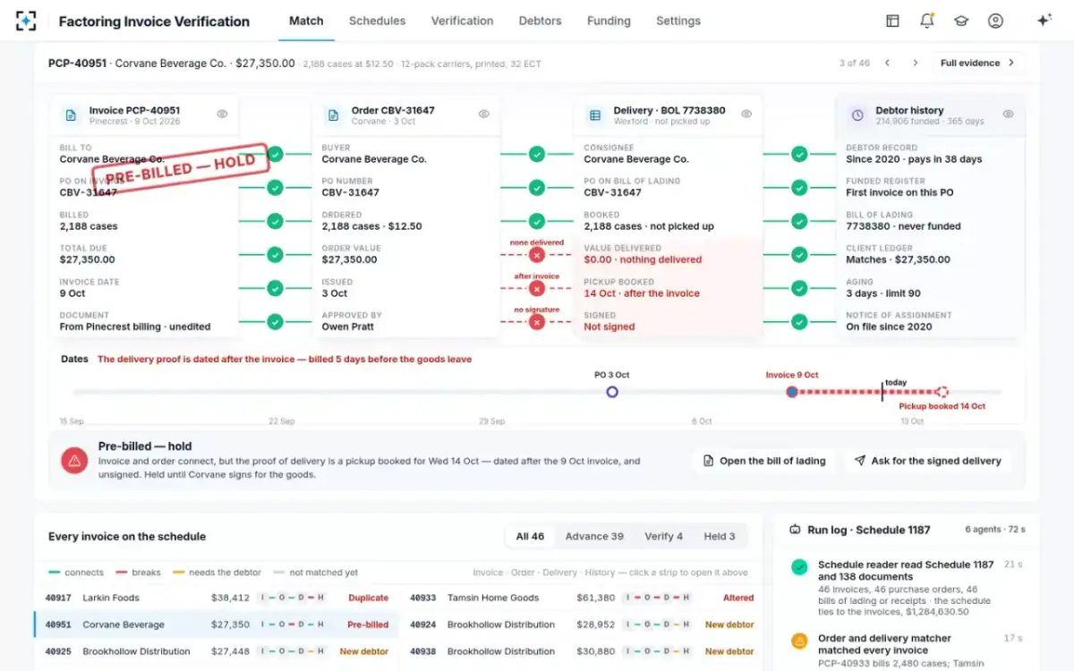 Factoring Invoice Verification — Pre-billed — hold