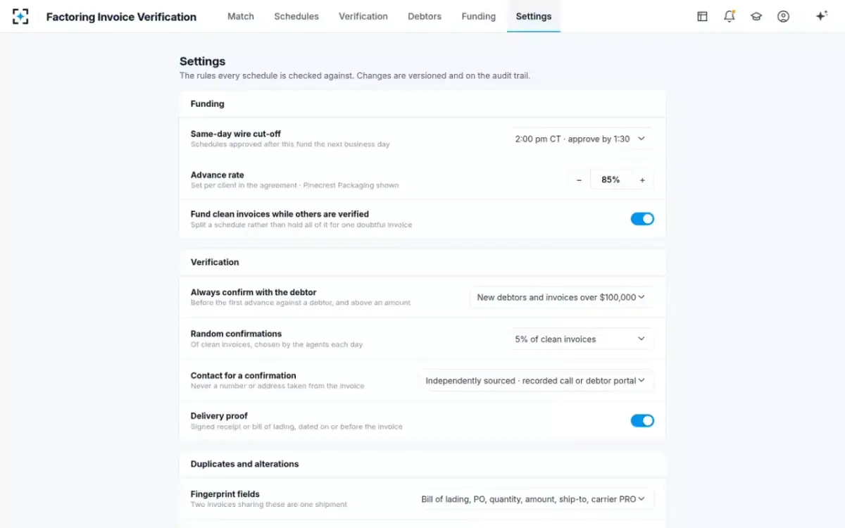 Factoring Invoice Verification — Your rules