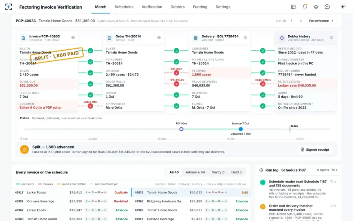 Factoring Invoice Verification — Split at the delivered quantity