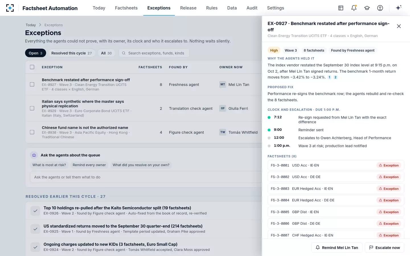 Factsheet Automation — Exceptions with owners and clocks