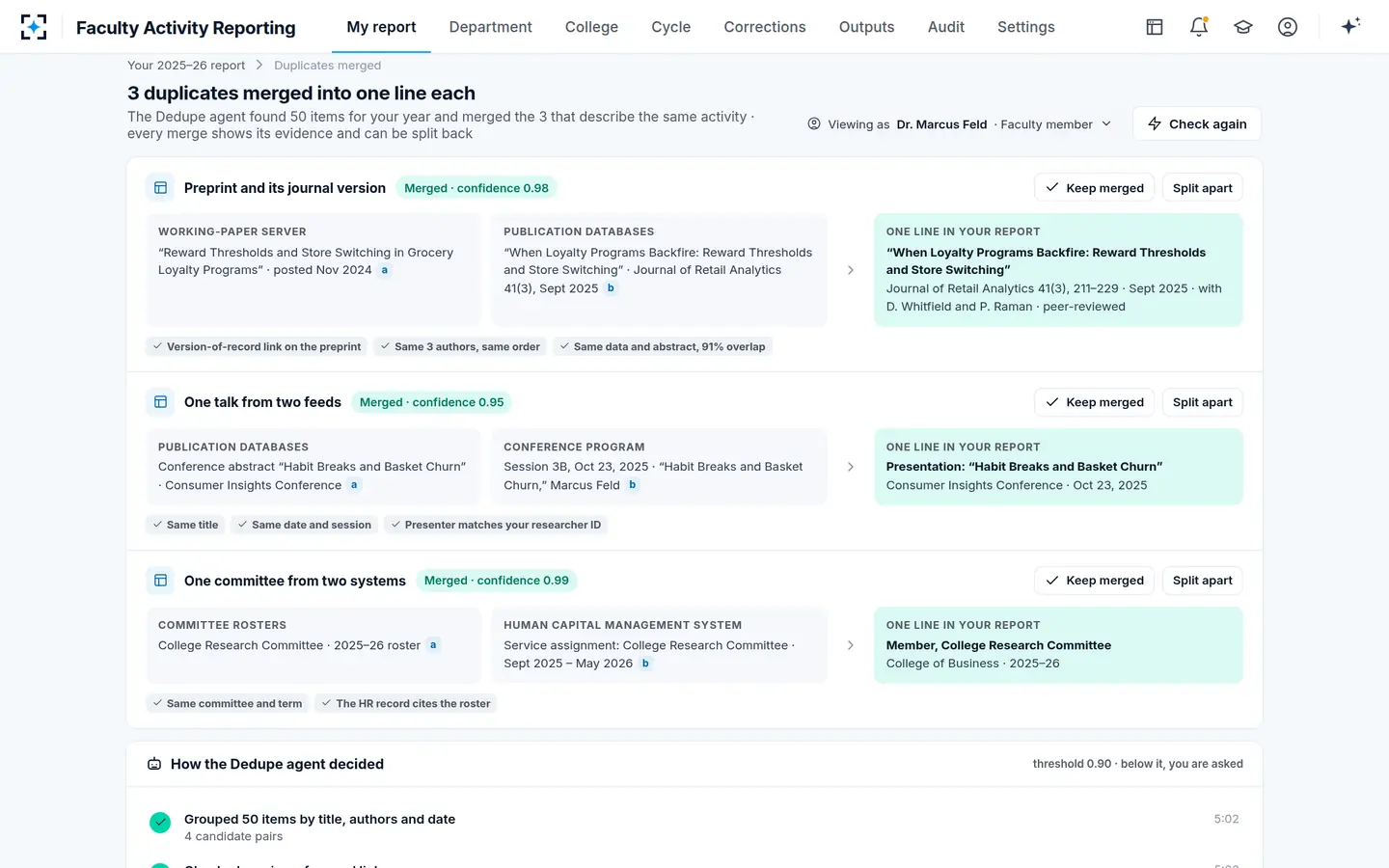 Faculty Activity Reporting — Duplicates merged, with the evidence shown