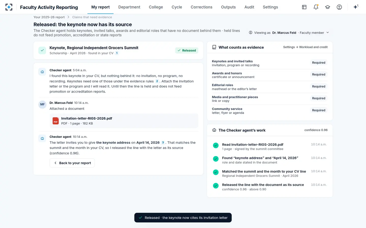 Faculty Activity Reporting — A claim with no source is held until the evidence is attached