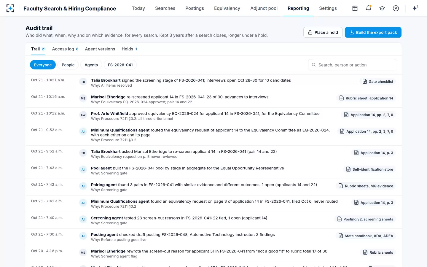 Faculty Search & Hiring Compliance — The audit trail: who, what, when, why