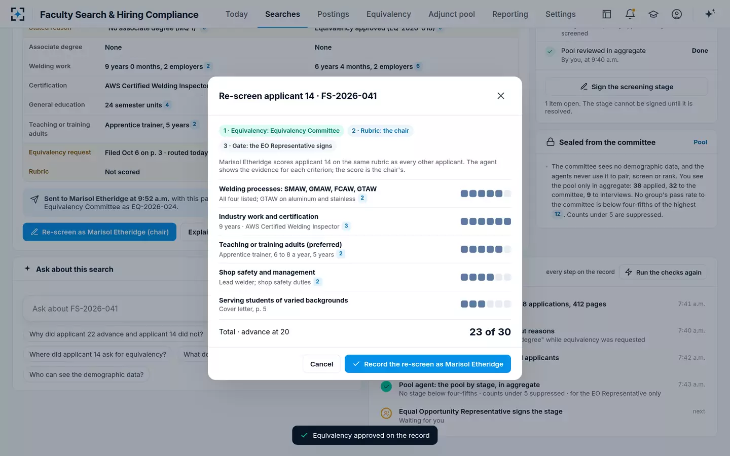 Faculty Search & Hiring Compliance — The chair re-screens on the same rubric