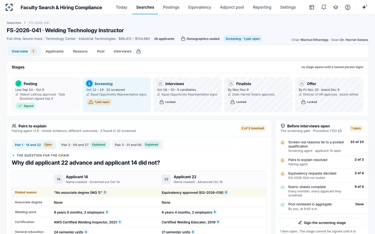 Faculty Search & Hiring Compliance — Pairs to explain, before the stage opens