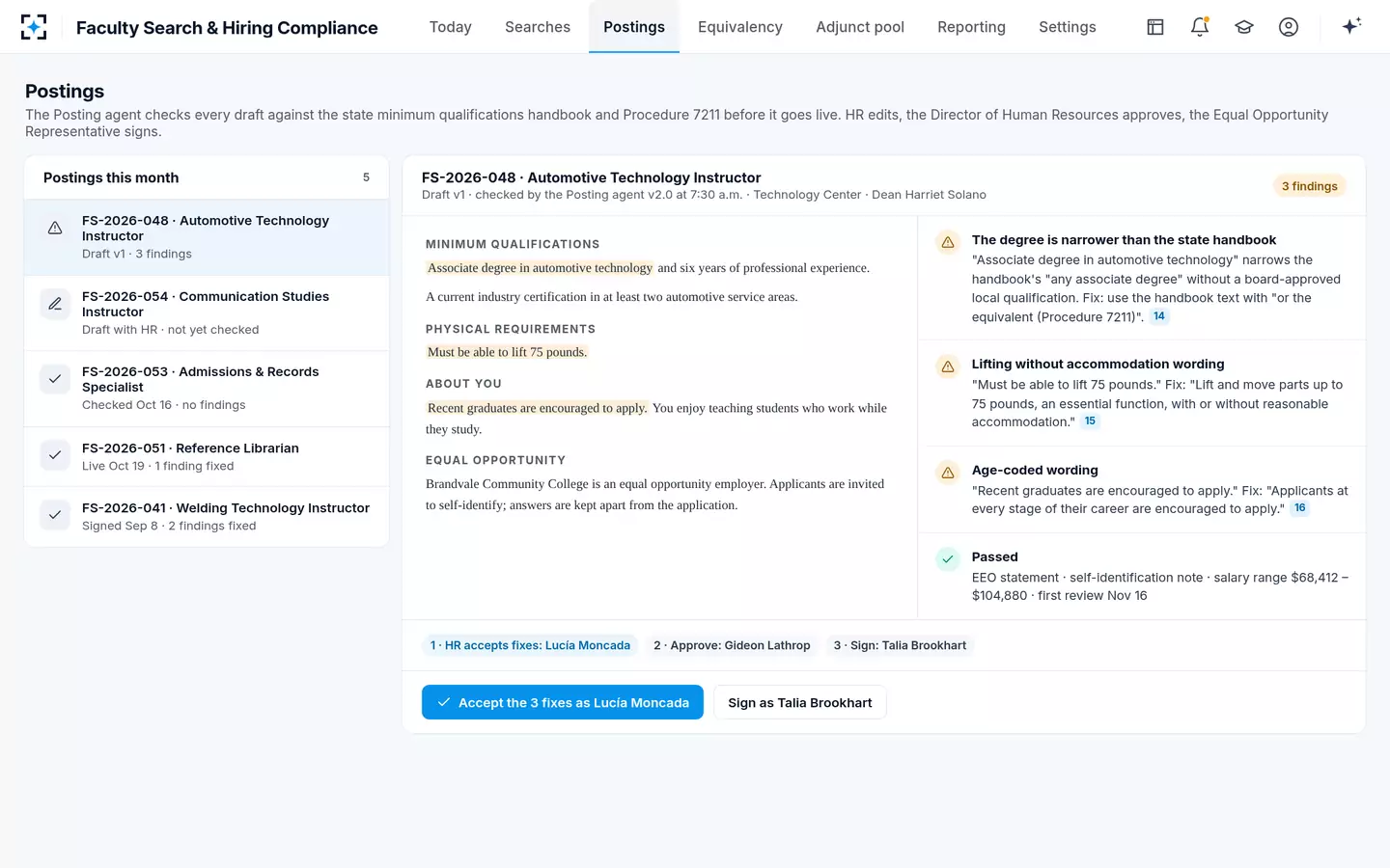 Faculty Search & Hiring Compliance — A posting checked before it goes live