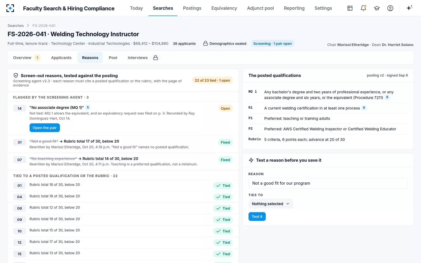 Faculty Search & Hiring Compliance — Every screen-out reason tested against the posting