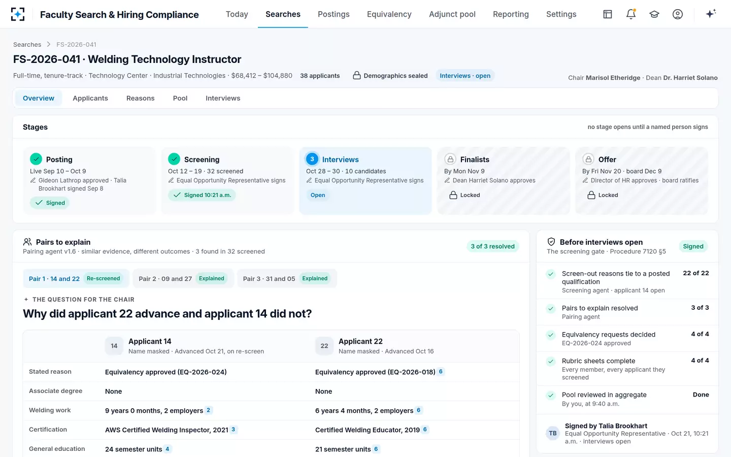 Faculty Search & Hiring Compliance — The screening stage, signed by a named person