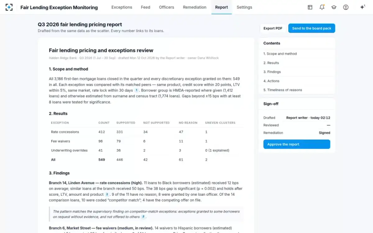 Fair Lending Exception Monitoring — Quarterly pricing report