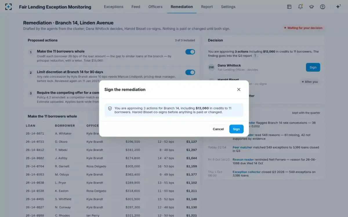 Fair Lending Exception Monitoring — Sign the remediation