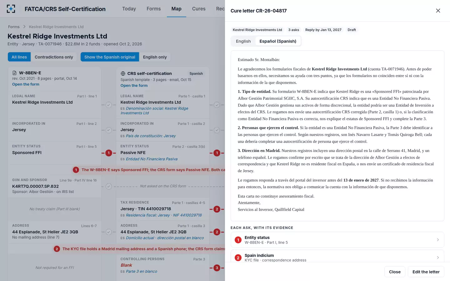 FATCA/CRS Self-Certification — One cure letter, two languages