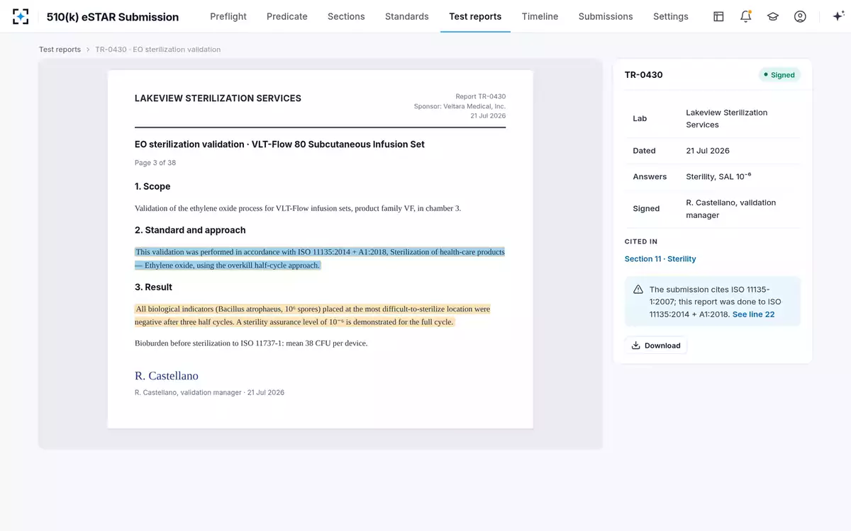 510(k) eSTAR Submission — The report at its passage