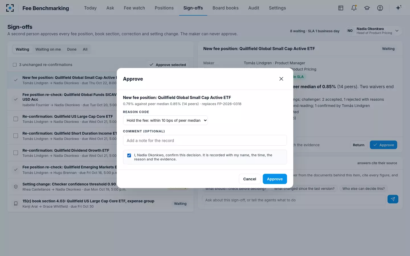 Fee Benchmarking — Approve with a reason