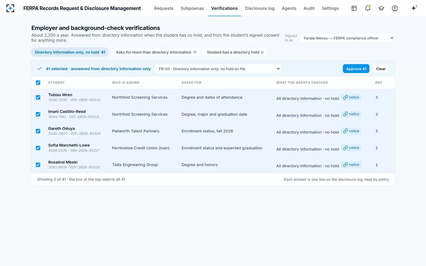 FERPA Records Request & Disclosure Management — Directory information verifications answered in bulk, holds always respected